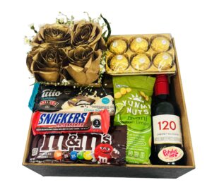 #28B - Arreglo de Rosas en Caja de Madera con vino y chocolates