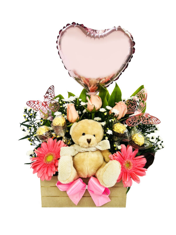 #41A - Arreglo Rosado con rosas, gerberas y peluche