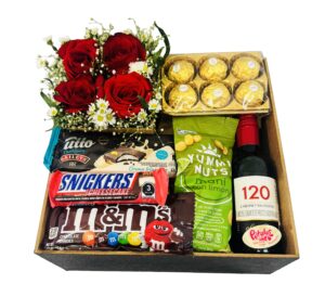 #28A - Arreglo de Rosas en Caja de Madera con vino y chocolates