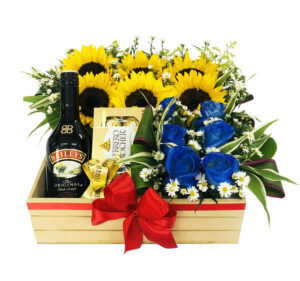 #36B - Arreglo de Rosas y Girasoles con Baileys y Ferrero