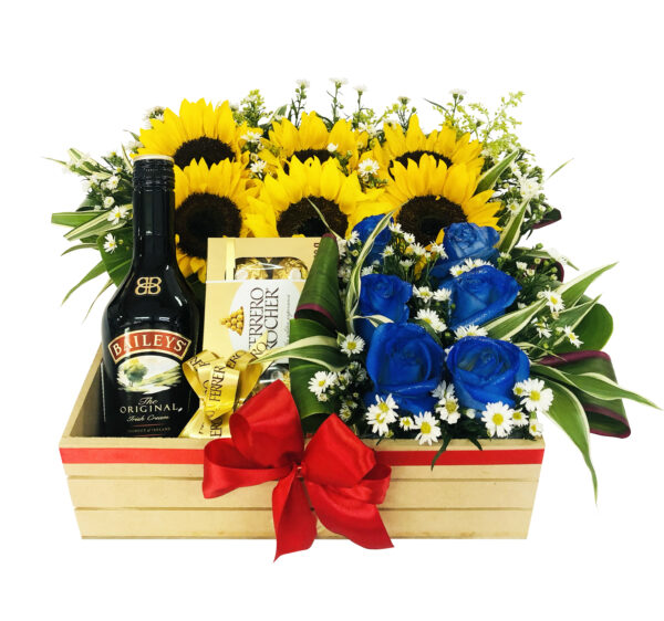 #36B - Arreglo de Rosas y Girasoles con Baileys y Ferrero