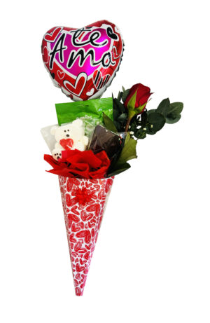 #20A - Ramo en cono con dulces, rosa y globo