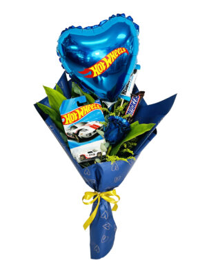 #22B - Ramo de 1 rosa azul con 1 Hot Wheels, 2 chocolates y Globo