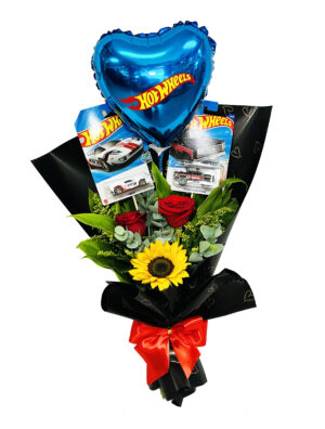 #21C - Ramo de 1 girasol y 2 rosas con 2 Hot Wheels y Globo